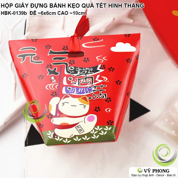 SET 5 HỘP GIẤY HÌNH THANG IN HÌNH MÈO CHIÊU TÀI ĐỰNG BÁNH KẸO QUÀ TẶNG TẾT NĂM MỚI, MỪNG TÂN XUÂN NEW YEAR HBK-0139