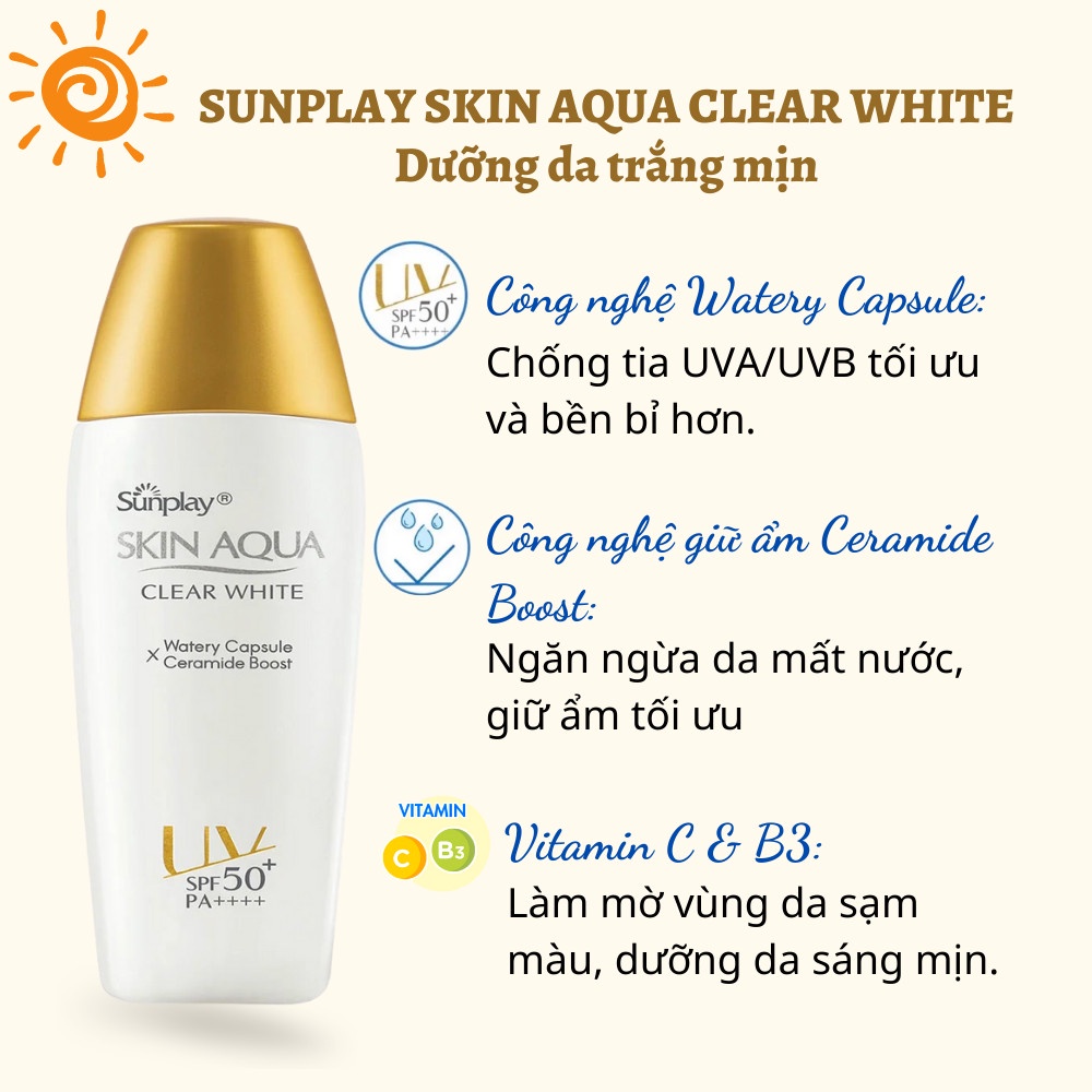 Kem chống nắng Skin Aqua nắp vàng Sunplay Clear White SPF50+ PA++++ 25g, 55g kiểm soát nhờn và dưỡng da sáng mịn