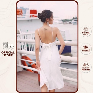 Váy đầm thiết kế maxi sang She, váy trắng 2 dây cúp ngực lưới thắt nơ SDX40