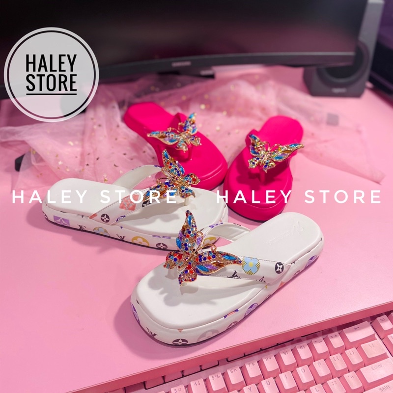 Dép nữ HALEY STORE đế bánh mì quai kẹp đính bư.ớm đá xoàn nhiều màu xinh rẻ bền đẹp tiểu thư sang trọng thời trang mới