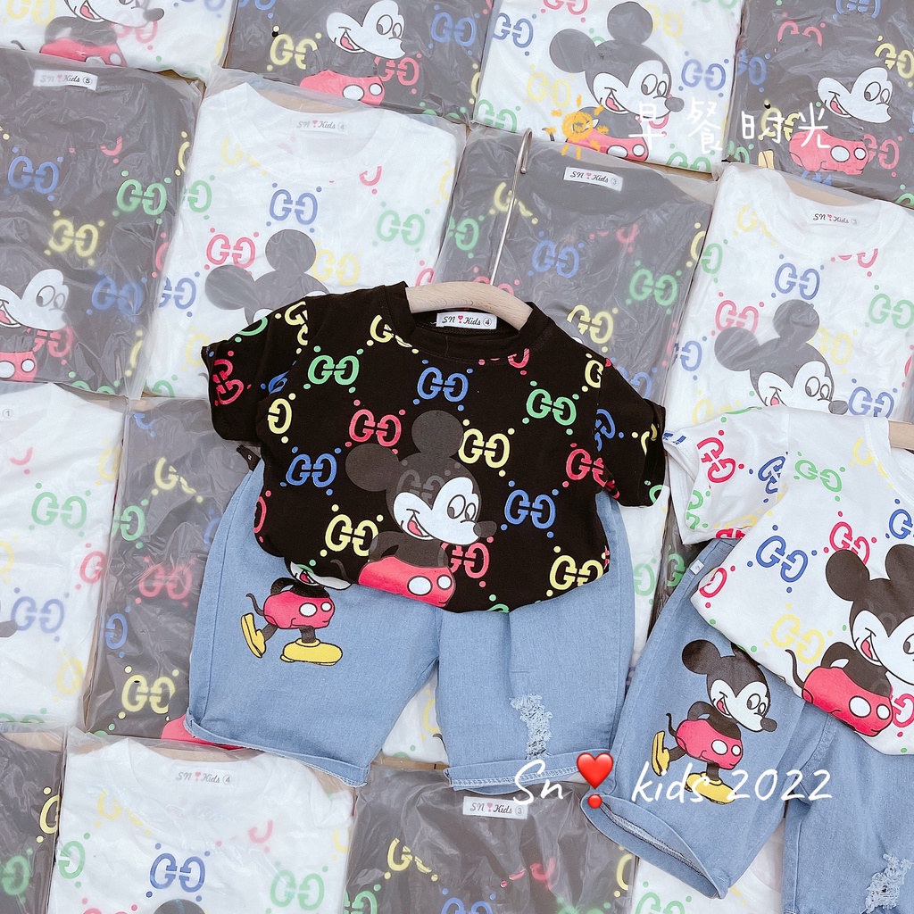 Bộ cộc tay bé trai, bộ áo cotton hình mickey kèm short jean xịn xò cho bé