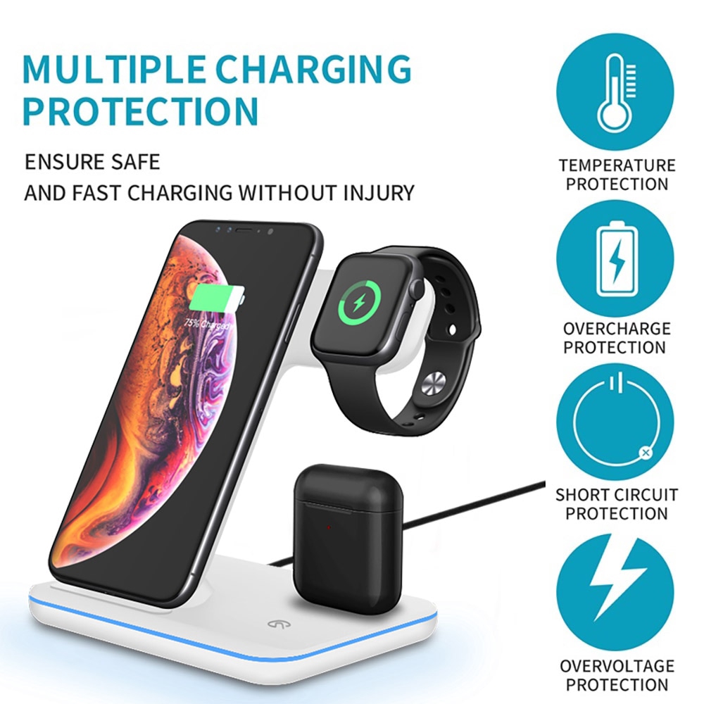 Đế sạc không dây 15W Qi hỗ trợ sạc nhanh cho iPhone 11 XR Samsung S10 S9 Apple Watch Airpods