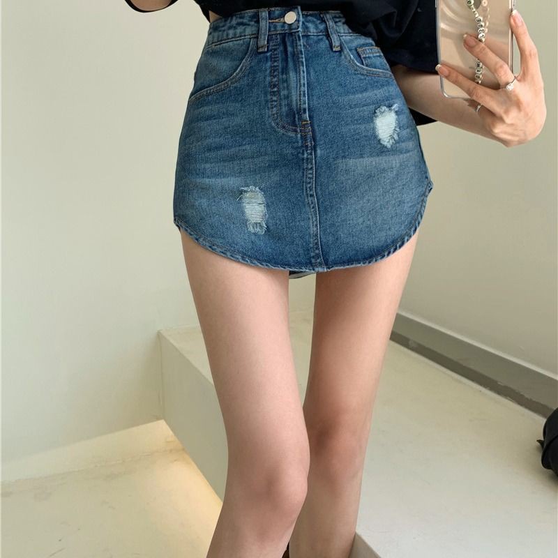 Chân váy denim dài ngang hông lưng cao thời trang mùa hè 2021