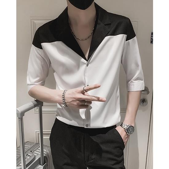 Áo sơ mi tay ngắn nam sơ mi cổ vest tay lỡ, chất vải lụa mịn chống nhăn phong cách trẻ trung độc lạ T1