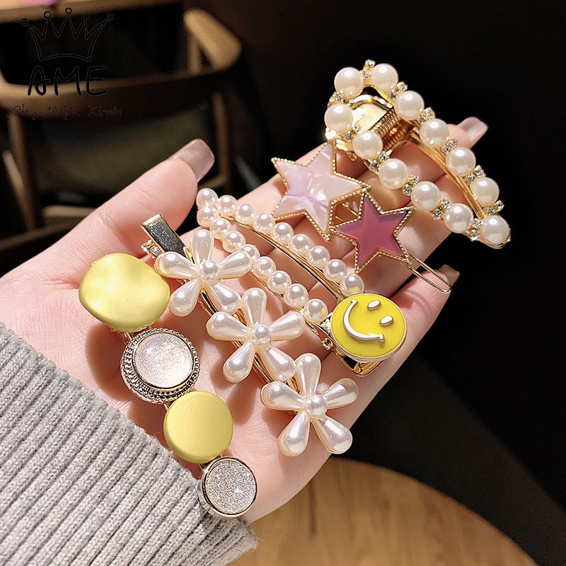 Bộ kẹp tóc đính đá cặp tóc đính ngọc xinh xắn thời trang Hàn Quốc Ame Beauty