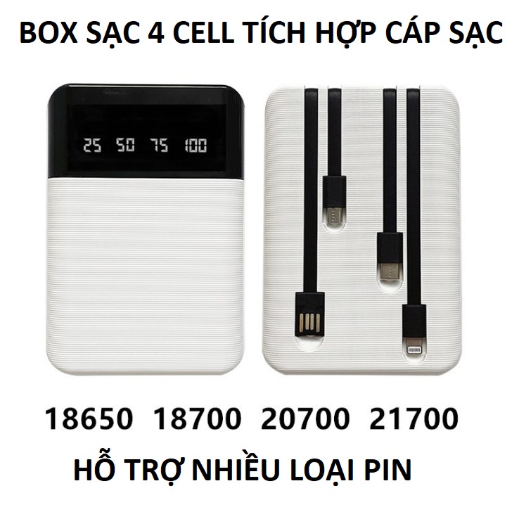 Box sạc dự phòng dùng pin 18650 và nhiều loại pin khác 4 Cell tích hợp full cáp sạc