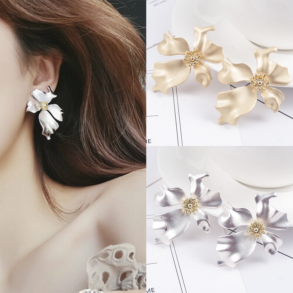 【COD】Khuyên Tai Hình Bông Hoa Lớn Màu Vàng/Bạc Thời Trang Dự Tiệc Cho Nữ