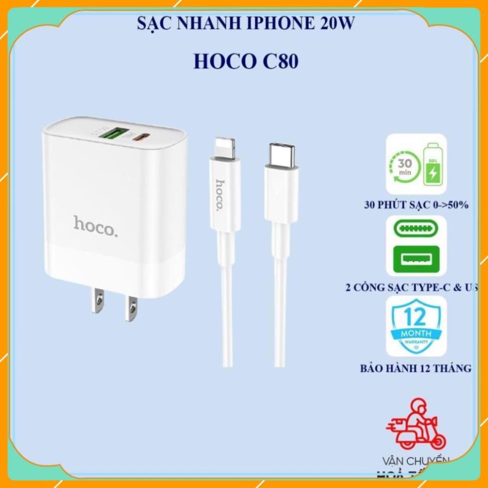 Sạc iPhone nhanh Hoco C80, 2 cổng USB PD 20W QC 3.0, dây Type C to Lightning Cao Cấp