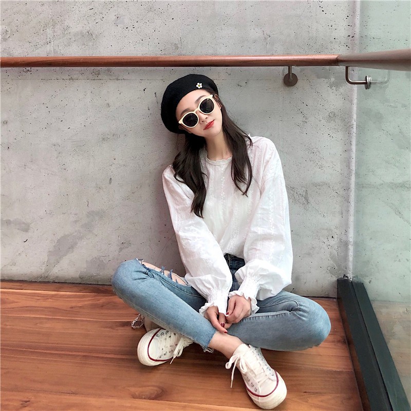 Áo kiểu tay dài phối ren Xiaozhainv hoa thiết kế dáng rộng thoải mái | BigBuy360 - bigbuy360.vn