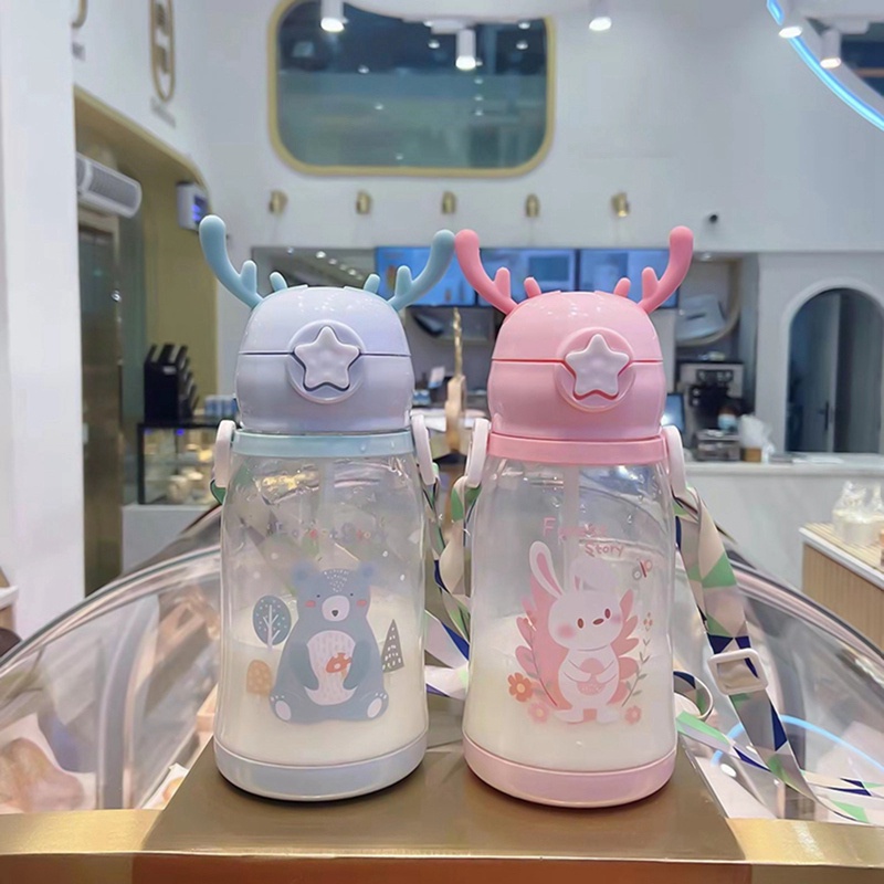flowersqueen Bình Nước Hình Sừng Hươu Hoạt Hình Có Ống Hút Chống Rò Rỉ Cho Bé