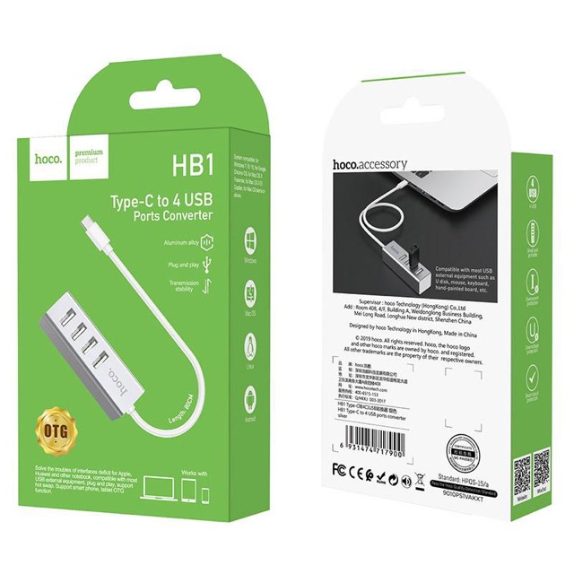 Bộ chuyển đổi trung tâm Type-C HB1 HB1 loại Type-C sang 4 cổng USB 2.0 chính hãng hoco