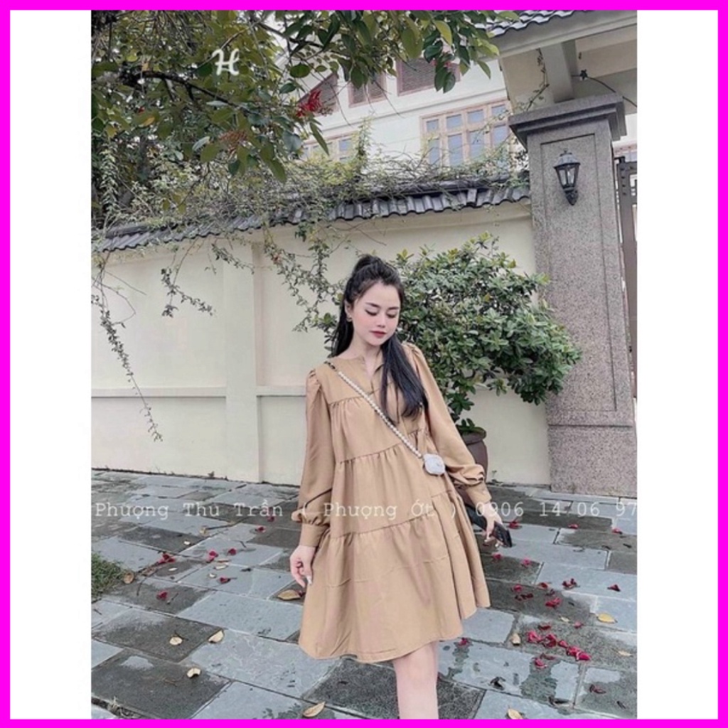 Đầm suông babydoll cổ xẻ tay bo màu nâu bầu bì bon chen được thích hợp mặc nhà dạo phố đi chơi siêu xinh -