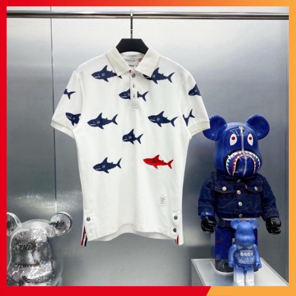 Áo polo đen trắng, tay ngắn, chất cotton thoáng mát, áo unisex đẹp cao cấp in cá mập 5D cực sịn sò