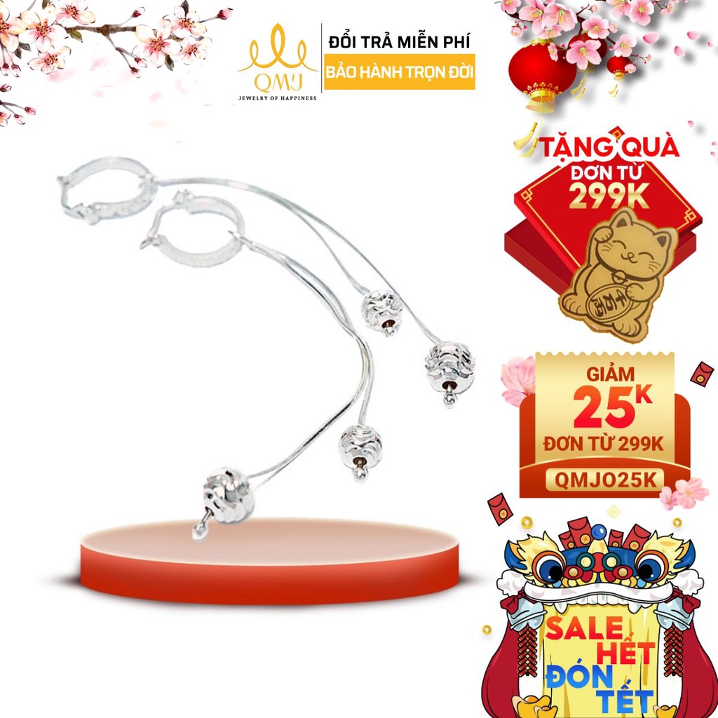 Bông tai bạc QMJ Dáng dài mix bi phay thanh lịch - Q194