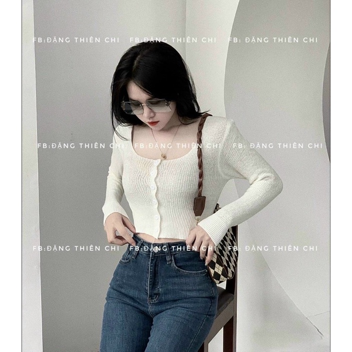 ÁO LEN CỔ VUÔNG KHUY DỌC DÀI TAY DÁNG NGẮN SEXY MS11672 (i2-5)