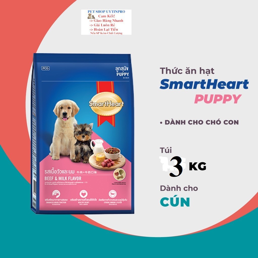 THỨC ĂN CHO CHÓ CON SmartHeart Dạng hạt Vị Thịt Bò và Sữa Gói 3Kg Xuất xứ Thái Lan