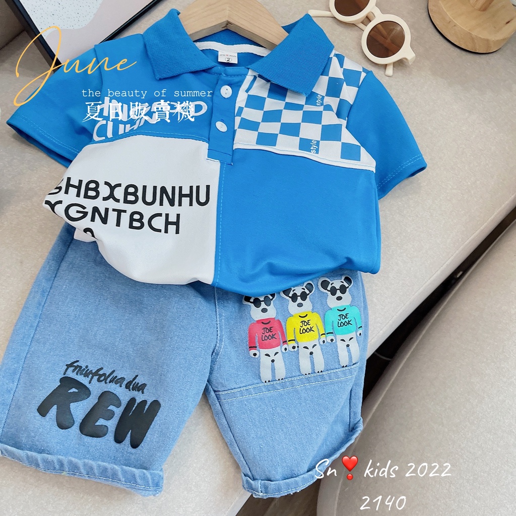 Bộ quần áo cộc tay bé trai kiểu dáng hàn quốc, set áo polo hoạ tiêt HNGAXI phối quần bò ngố cho bé size 10-32kg