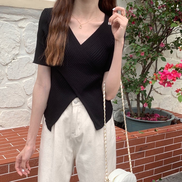 Áo tay ngắn cổ chữ V màu trơn ôm dáng phong cách Hàn Quốc thời trang cho nữ JL-TX-132