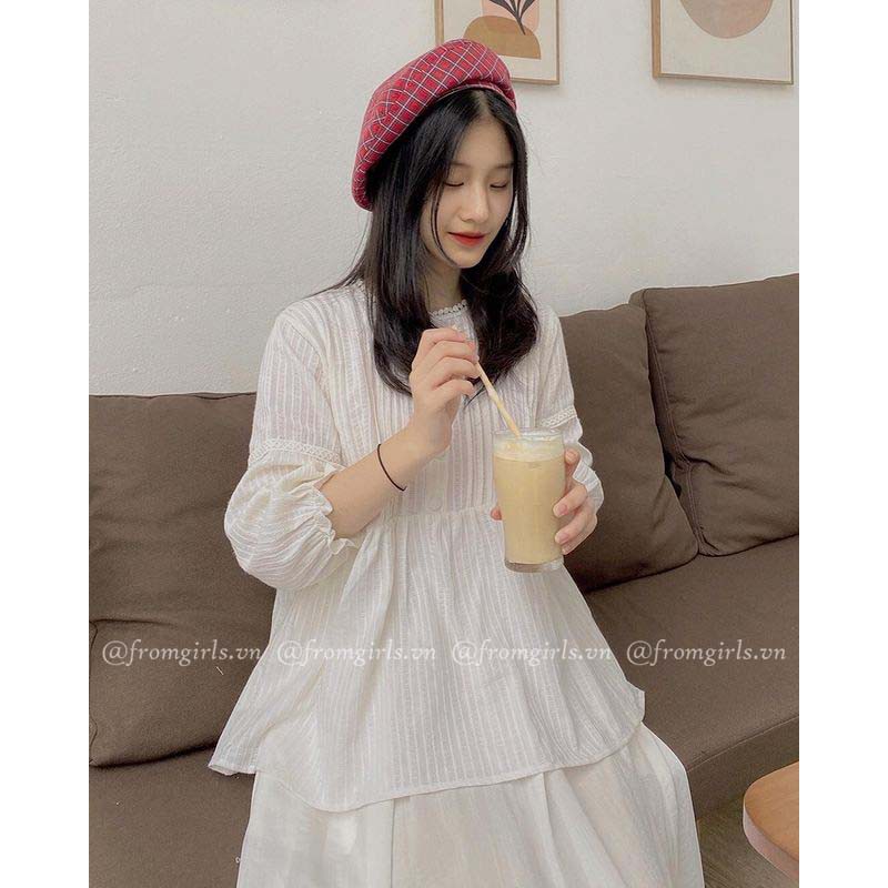 Áo babydoll dài tay xếp ly ngực cúc bọc tay chun vintage  - BBD05FG