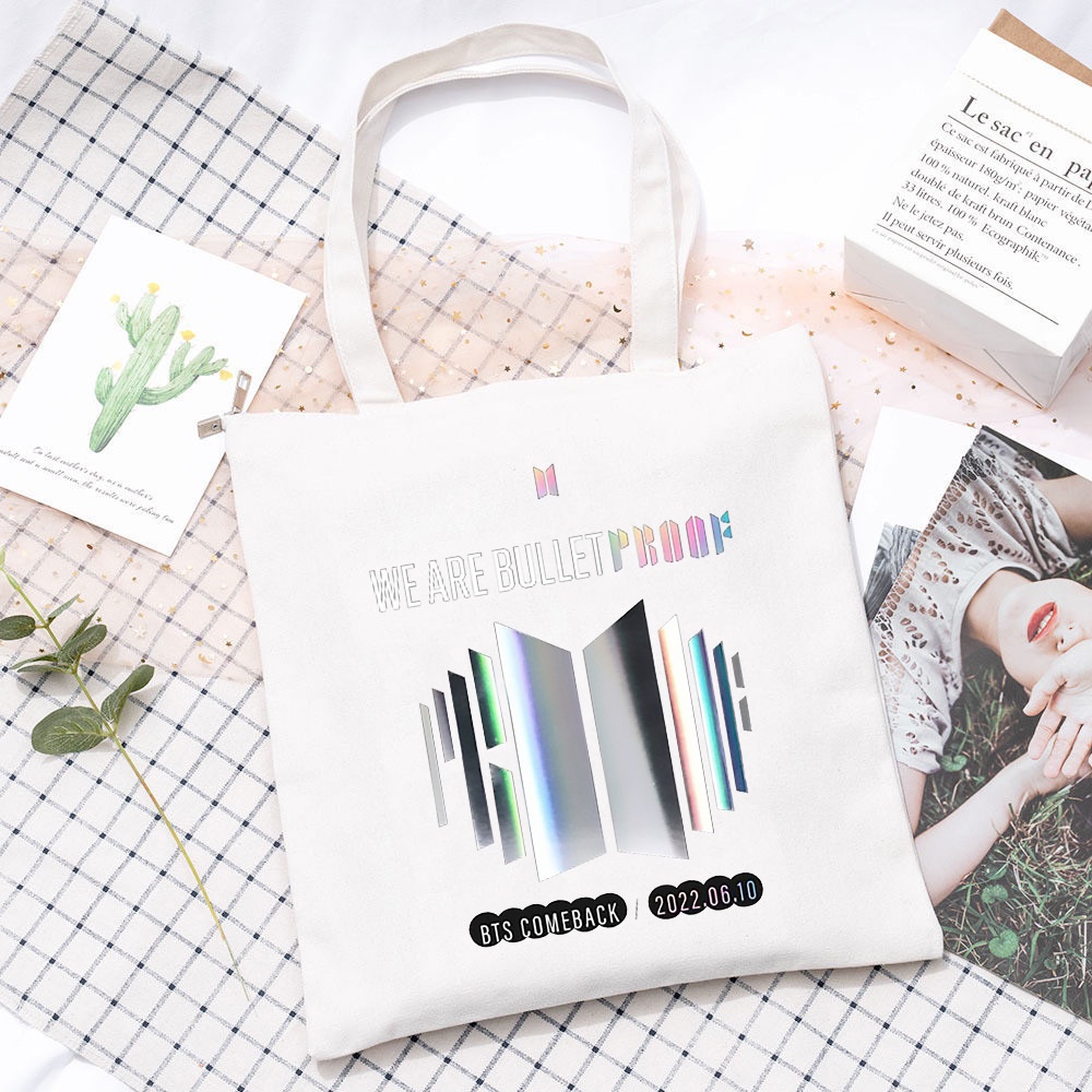 Ba Lô Canvas Màu Trắng Đen In Hình BTS