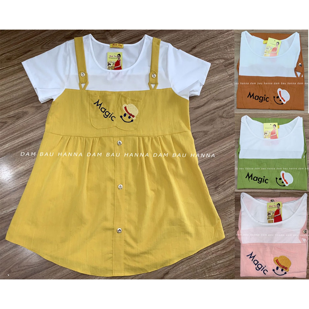 [SIZE 40-70kg] Áo bầu công sở giả yếm dễ thương cho mẹ trẻ vải đũi mềm mát cao cấp không nhăn phù hợp đi làm đi chơi