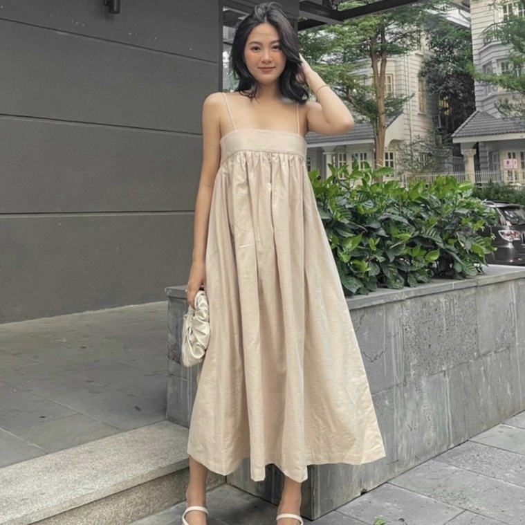 Váy 2 dây ôm ngực dáng dài, đầm maxi đi biển bầu bí xinh xắn