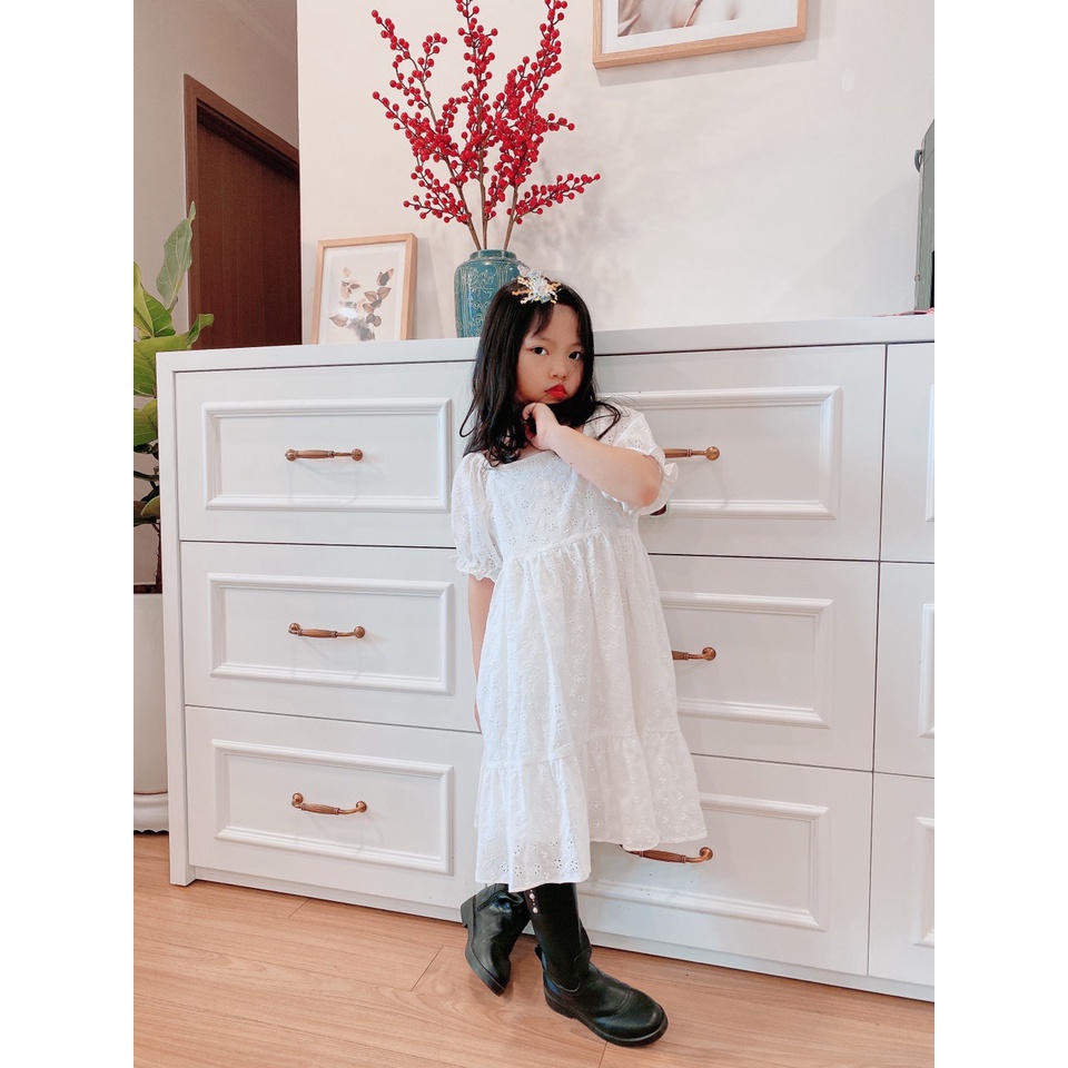 Đầm Trắng Zr Bé Gái Hoa Nhí Đục Lỗ Tiểu Thư MARUHOUSE Váy Cotton 2 Lớp Tay Phồng Xinh Xắn