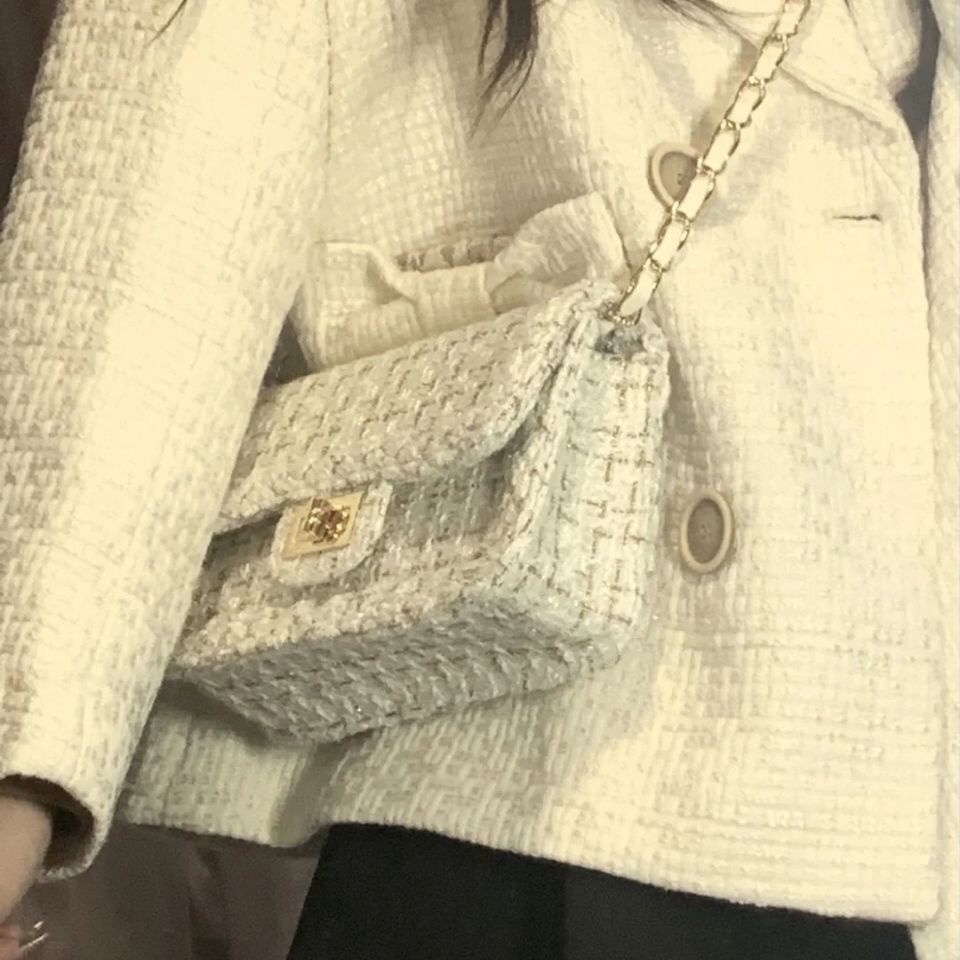 Túi Đeo Chéo Vải Len Phối Dây Xích Thời Trang Mùa Xuân Sang Trọng Dành Cho Nữ 2022