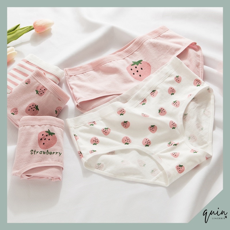 Quần Lót Cotton Nữ Kháng Khuẩn Hoạ Tiết Dâu Tây Hồng Dễ Thương Thoáng Mát