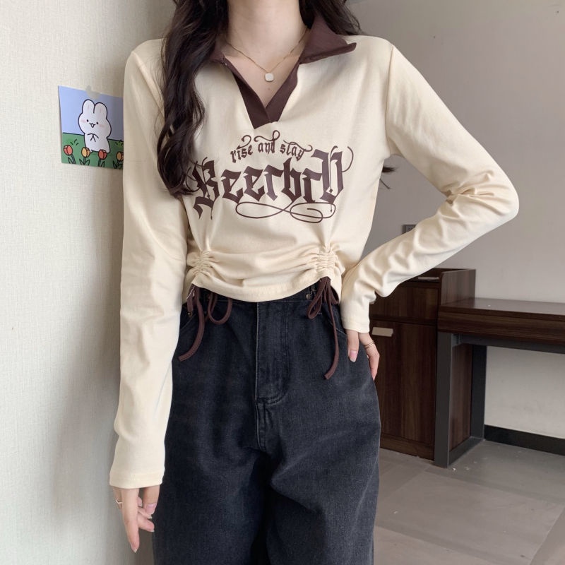 Áo Sơ Mi Dài Tay Cổ Polo Phối Dây Rút Màu Sắc Tương Phản Thời Trang Hàn Quốc Cho