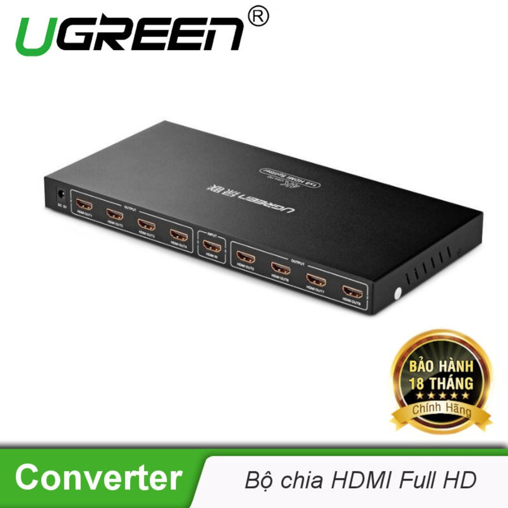 Bộ chia HDMI 1 ra 8 hỗ trợ phân giải FULL HD Ugreen 40203 Màu Đen - 40203
