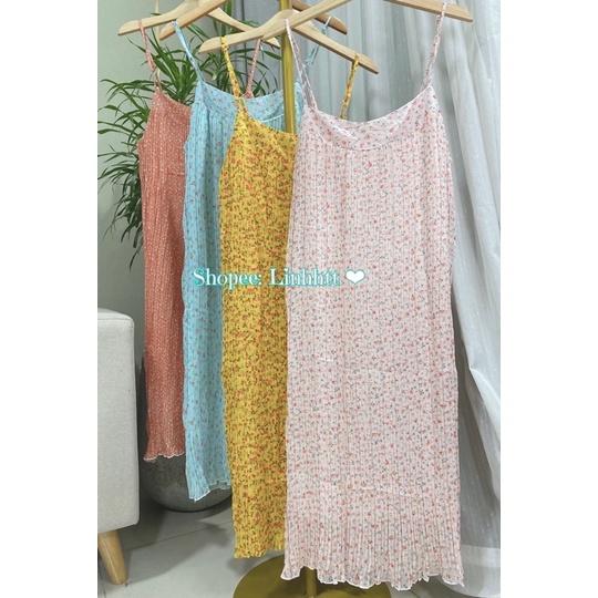 Váy hoa 2 dây xếp ly dáng suông maxi bầu bí thoải mái
