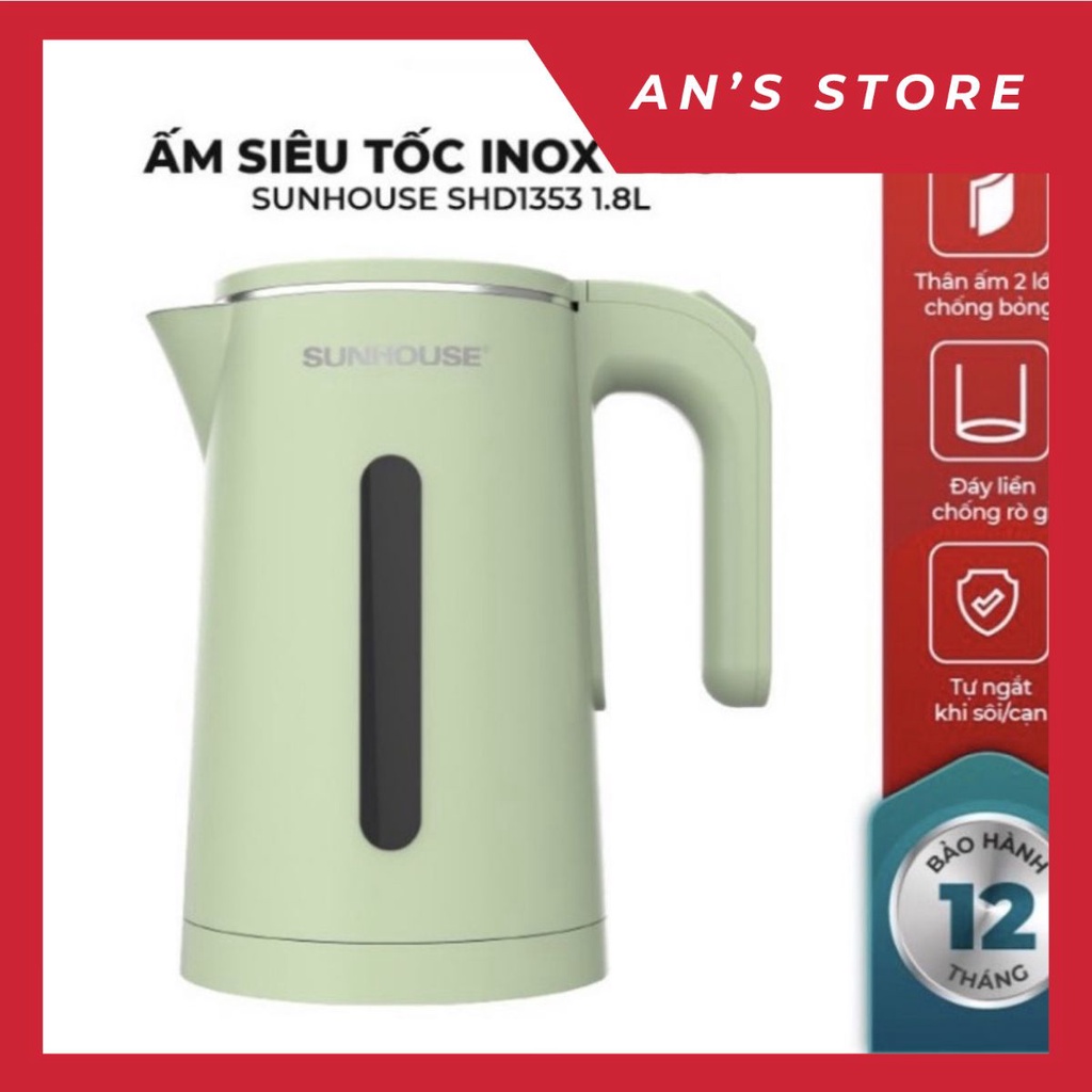 Ấm siêu tốc inox 2 lớp Sunhouse SHD1353 1.8l chính hãng - Bảo hành 12 tháng