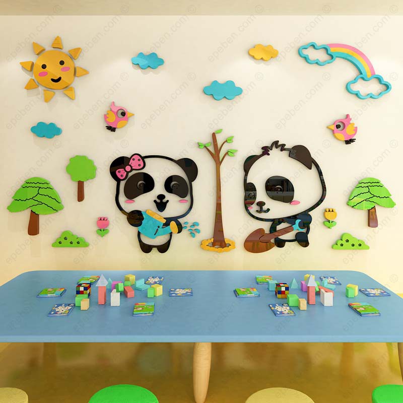 Tranh dán tường mica 3d decor khổ lớn gấu trúc đi trồng cây trang trí mầm non, phòng cho bé Nhiều Size - EPeBen