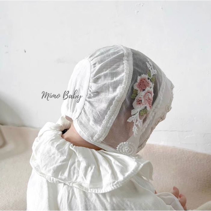 Mũ nón tiểu thư vải đũi phối ren thêu hoa xinh xắn cho bé gái MTT141 Mimo Baby