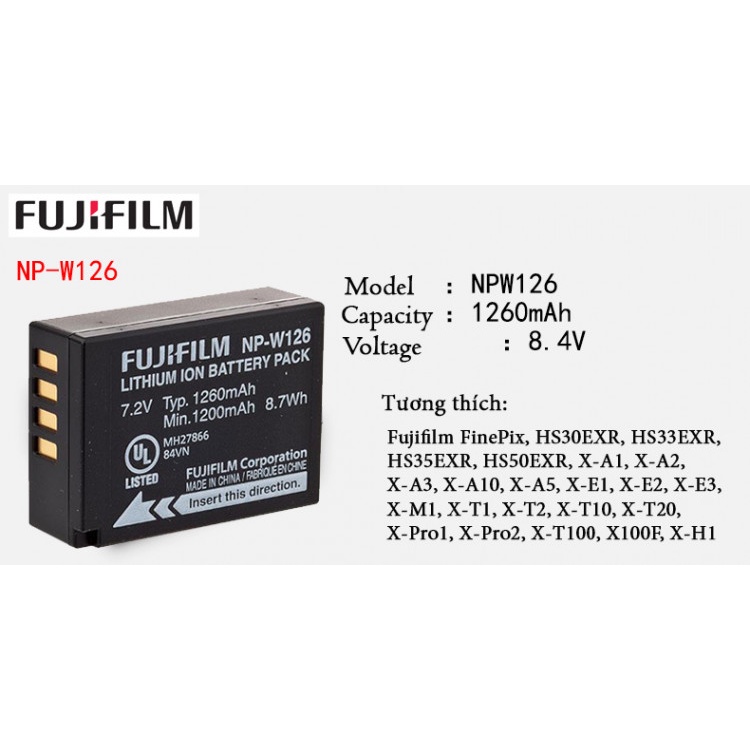 Pin máy ảnh Fujifilm NP-W126 Tương thích :Fujifilm FinePix, HS30EXR, HS33EXR, HS35EXR, HS50EXR, X-A1,...