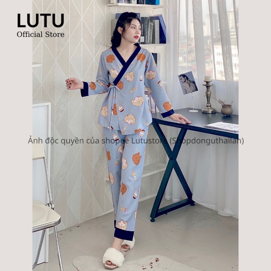 Bộ Pijama Kimono Dài Tay Phối Viền Họa Tiết Dễ Thương Chất Mềm Mịn | BigBuy360 - bigbuy360.vn