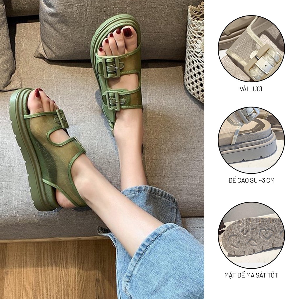 Sandal Nữ Ulzzang Vintage, Giày Sandal 2 Quai Ngang Vải Lưới Đế Cao Su Độn 3cm Hàn Quốc, Street Style - Iclassy_shoes