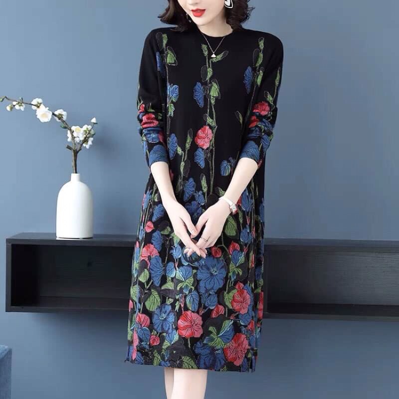 Đầm len nữ trung niên cao cấp hoạ tiết sang trọng quý phái NP2537