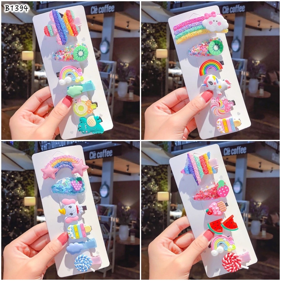 Set 6 Kẹp mái đính kim tuyến Cầu vòng, Ngôi sao, bông hoa, ngôi sao Hàn Quốc