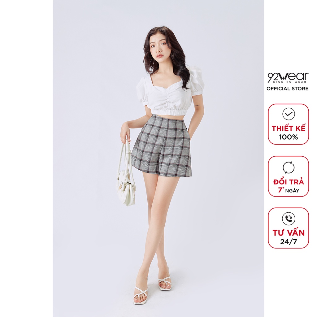 Áo sơ mi kiểu croptop 92WEAR chun eo tay ngắn bồng cá tính ASW1164