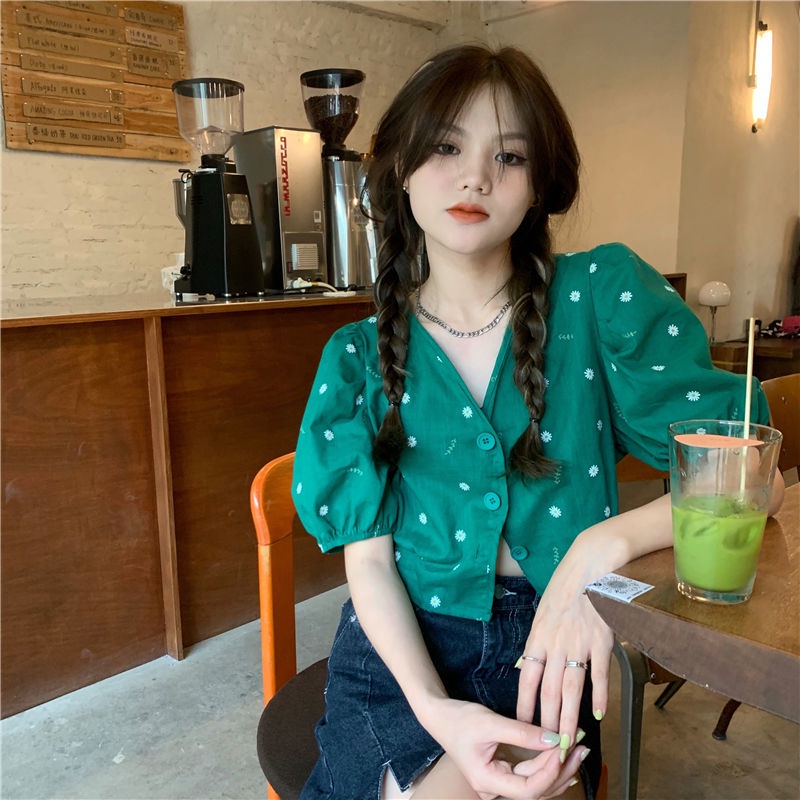 Áo kiểu IELGY cổ chữ V tay ngắn in họa tiết hoa cúc phong cách Hàn Quốc cổ điển thời trang cho nữ