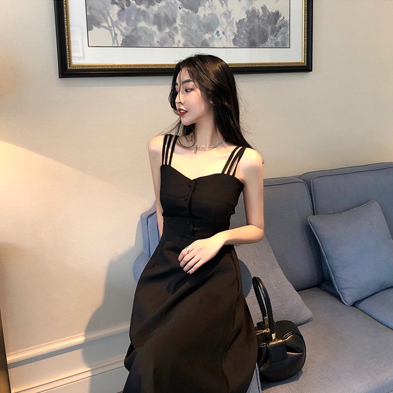 Đầm hai dây IELGY màu đen kiểu Pháp thời trang mùa hè cho nữ