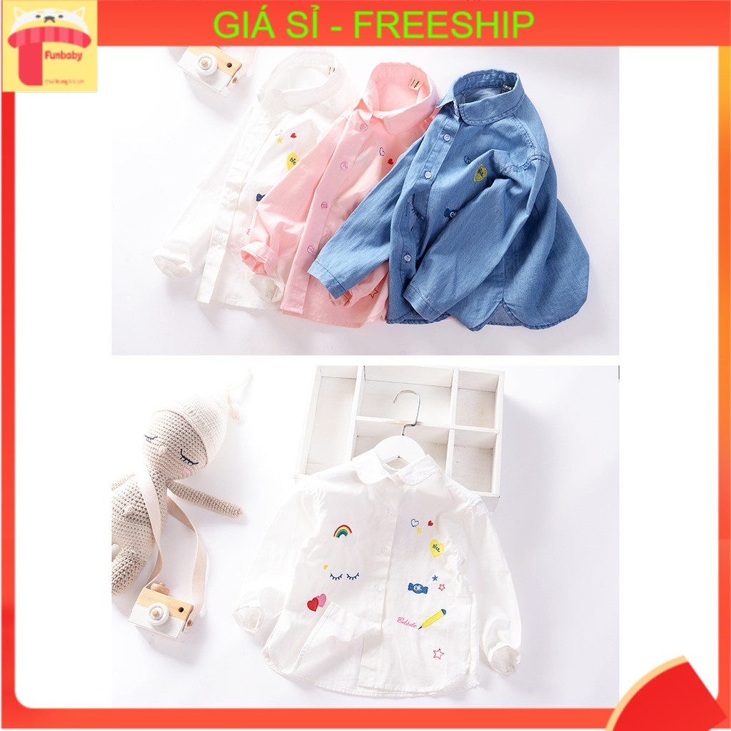 Áo sơ mi bé gái dài tay 3-12 tuổi thêu nhiều hình, Sơ mi cho bé chất liệu vải thô cao cấp kiểu dáng thời trang