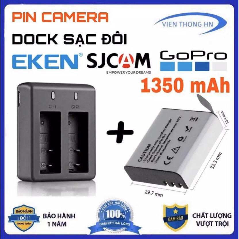 Combo Pin 1350 mAh + Dock Sạc Đôi Cho Mọi Camera Hành Trình Eken H9r, SJCAM 4000, Amkov, Camera 4k