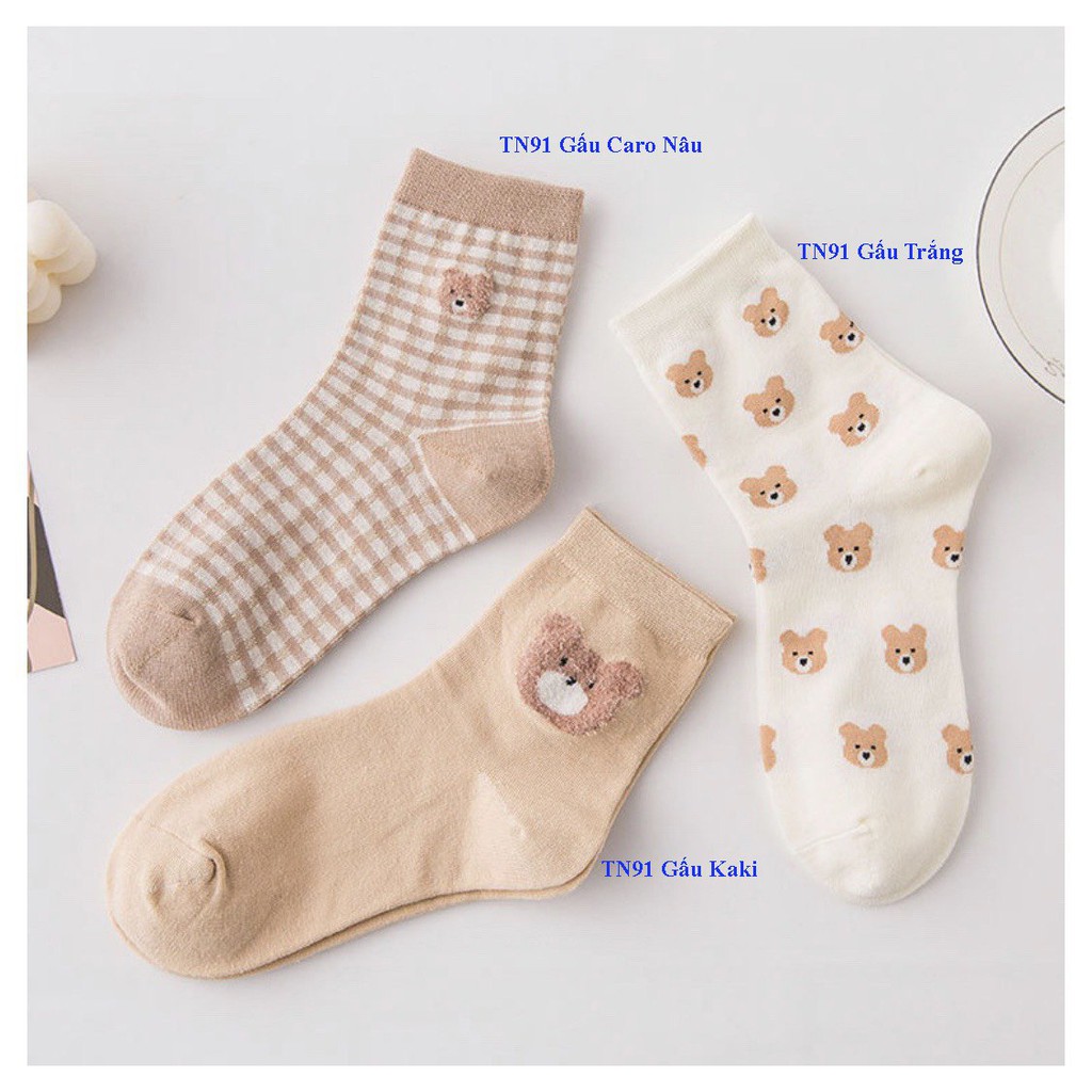 [ Mẫu mới ] Set 3 đôi tất nữ cổ cao họa tiết gấu dễ thương TN91