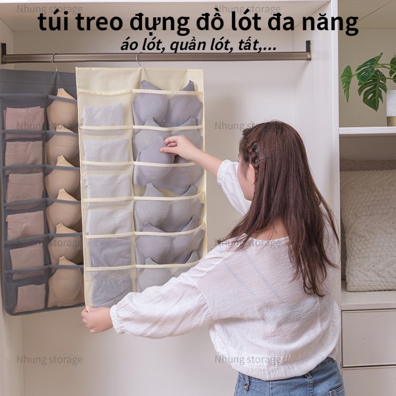 Túi Vải Lưới Treo Hai Mặt Đựng Đồ Lót Tất Vớ Có Móc Treo Nhiều Ngăn Đa Dạng Tiện Dụng