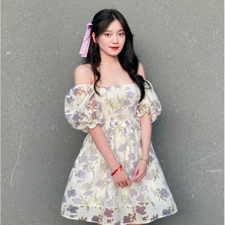 Váy đầm nữ hoa nhí cổ vuông tay bồng TULIP DRESS đầm váy nữ vải Organza in hoa tulip cobe.official