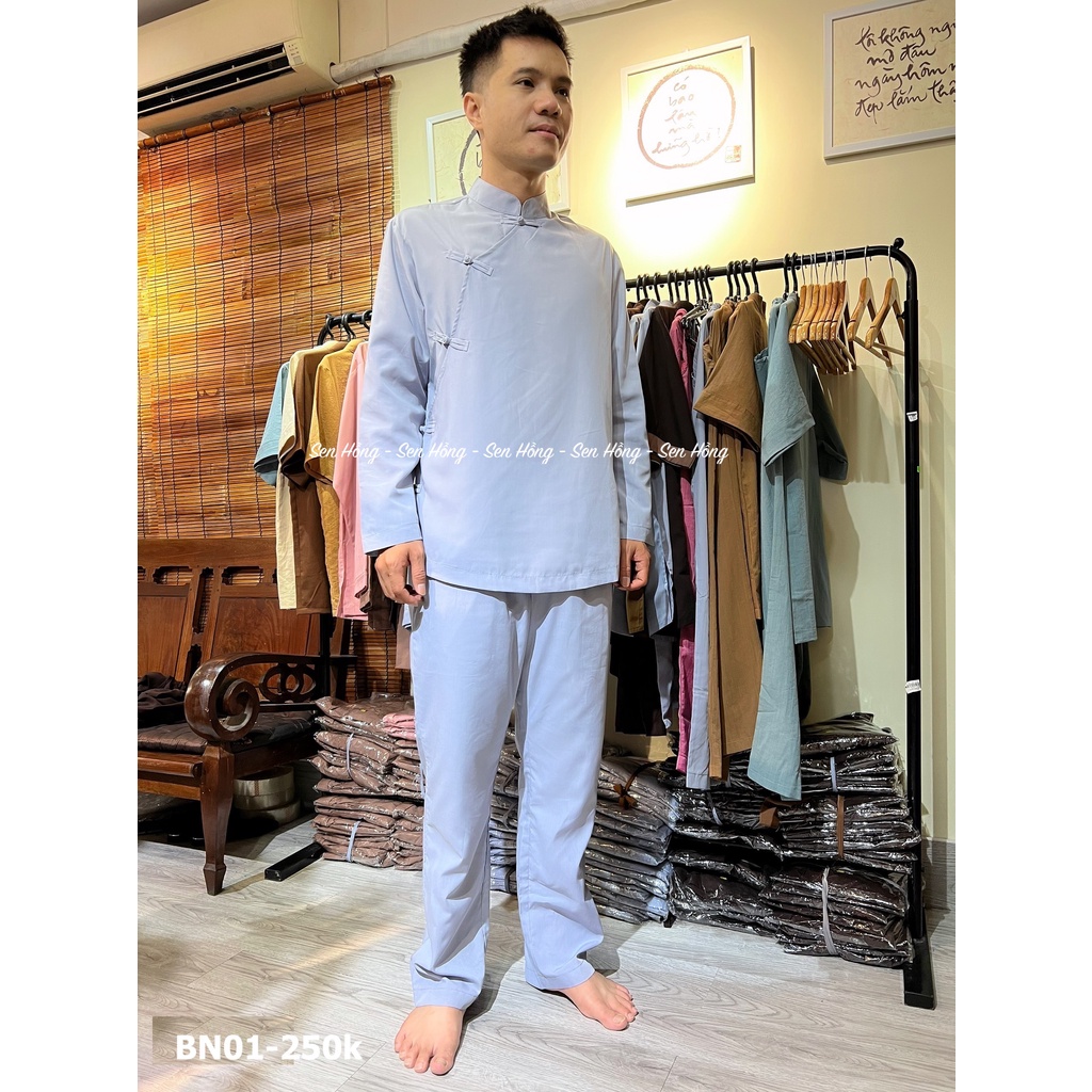[SEN HỒNG] ĐỒ LAM ĐI CHÙA NAM - Bộ đồ nam cổ tàu cài chéo cúc tết tay thủ công # pháp phục cư sĩ nam vải Kate Nhật BN01