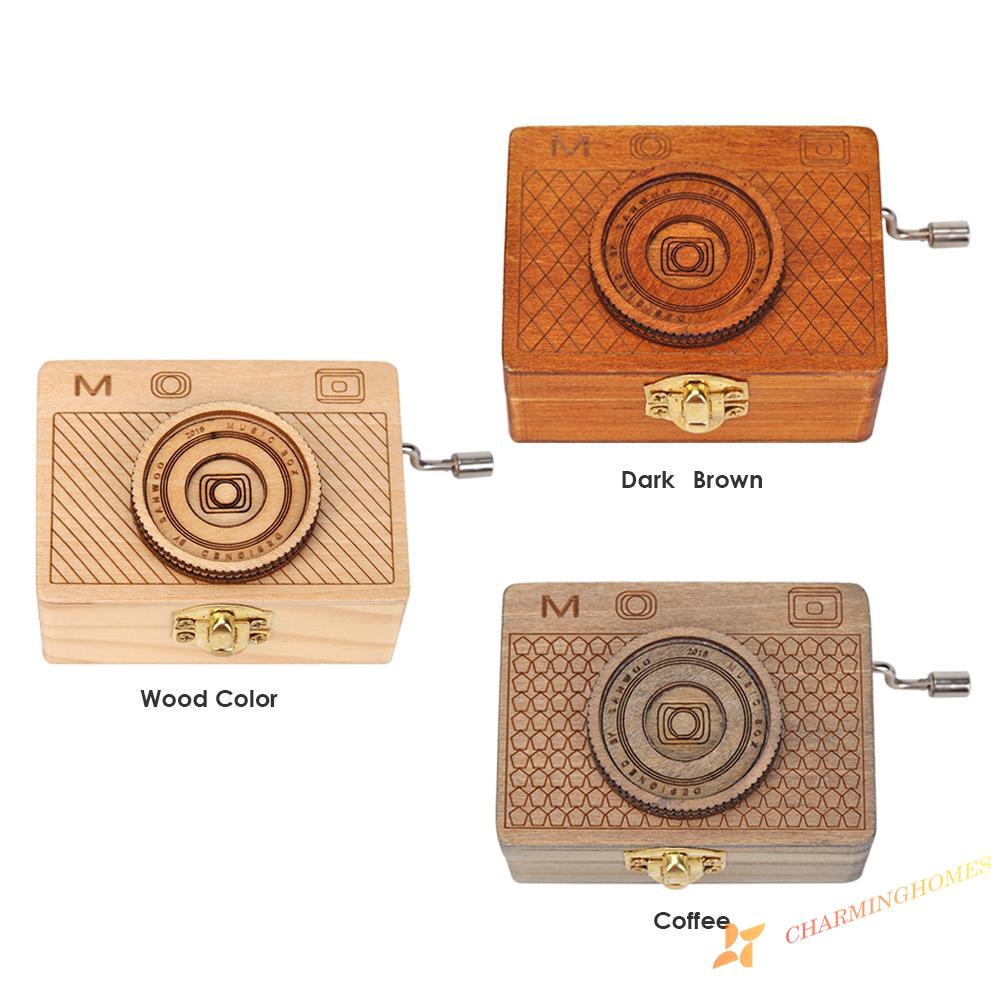 Retro Camera Shape Wooden Hand Cranked Music Box Home Crafts Children Gifts